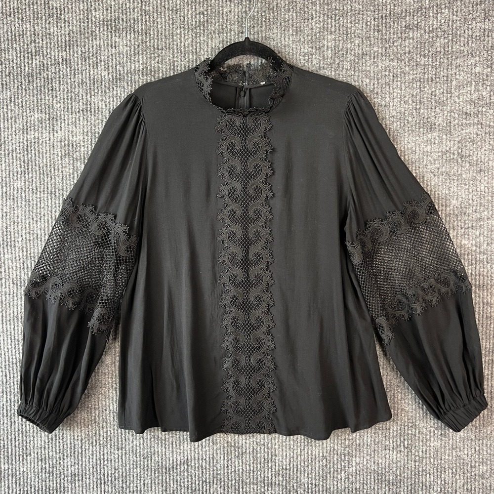 Chico's Black Label Lace Blouse Gothic Victorian Minimalist Black Rayon XL